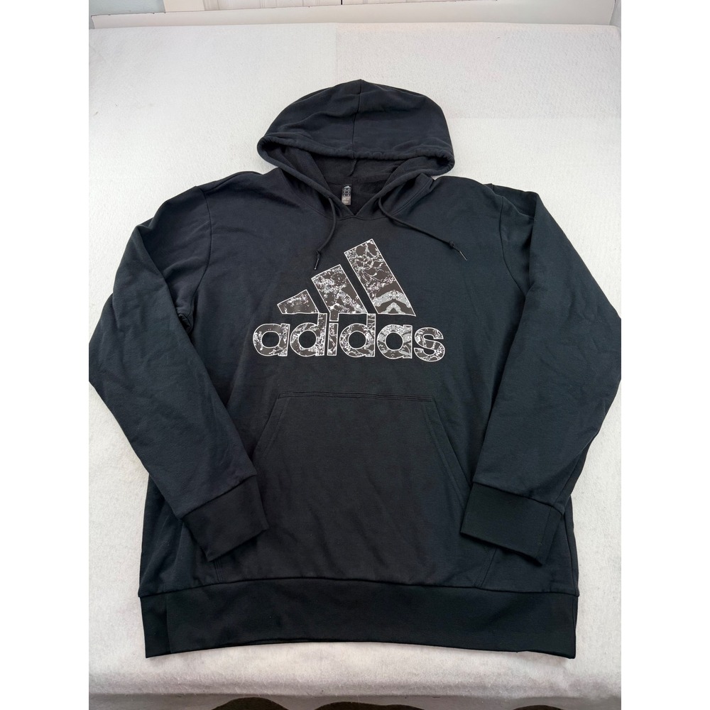 Adidas Mens XL Black Marble Graphic Logo Pullover Fleece Hoodie Kangaroo Pocket